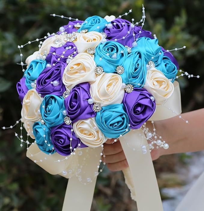 Bridal Wedding Bouquet Round Bling Brooch Bouquet Throw Toss Artificial Rose Flower Bunch for Bride Bridesmaid Wedding Quinceanera(Teal Blue, Purple & Cream, 6.3")