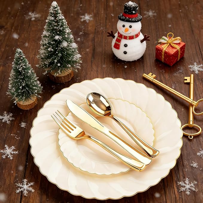 YOUBET 125PCS Scalloped Plastic Plates - Ivory Scalloped Disposable Plates - Gold Plastic Dinnerware Set Include 50 Plates, 75 Gold Silverware for Party & Wedding & Christmas