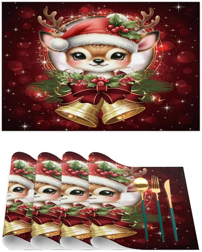 Christmas Xmas Bells Deer Placemats Set of 4 PVC Vinyl Non Slip Table Mats Heat Resistant Place Mats Washable Wipeable Dining Table Mat for Kitchen Decor Party Indoor Outdoor Decorative Gift