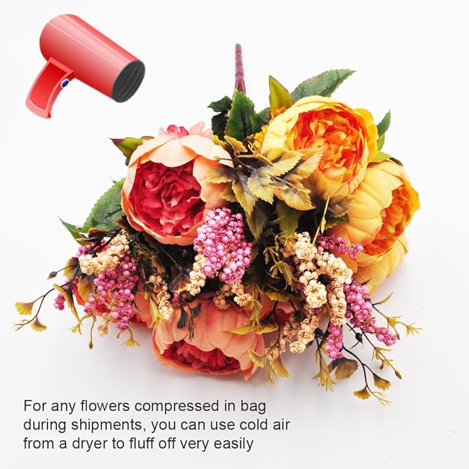 2pcs Artificial Peony Bouquets,19 Inch Silk Peony Bunch with 7 Faux Flowers,Classical Style Artificial Flowers with Leaves and Ornaments for Wedding,Home Décor Centerpieces(Orange)