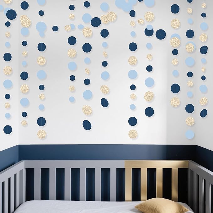 Navy Blue Champagne Gold Polka Dots Garland Hanging Paper Circle Dot Streamer for Birthday Baby Shower Wedding Graduation Engagement Bridal Shower Bachelorette Retirement Party Decorations Supplies