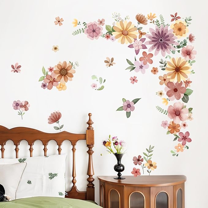 Retro Boho Wildflower Wall Stickers, Vintage Garden Floral Wall Decals 7 Sheets DIY Peel and Stick Wall Decal Self Adhesive Home Decor for Bedroom Offices Sofa TV Backdrop Wall