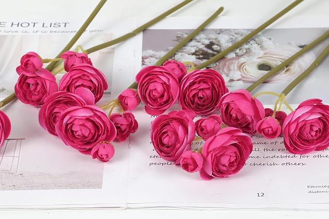 IPOPU Hot Pink Flowers Artificial Ranunculus 2Bouquets Silk Flowers with Stems 12PCS Mini Fake Flowers for DIY Wedding Bouquet Bridal Shower Decorations Floral Filler Flowers Centerpieces (Hot Pink)