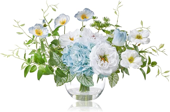 WELL KNOWN Artificial Silk Flowers Bouquet with Vase, Fake Flower Arrangements in Glass Vase with Faux Water for Spring Summer Seasonal Home Office Hotel Wedding Table Decor (Blue in Spring)