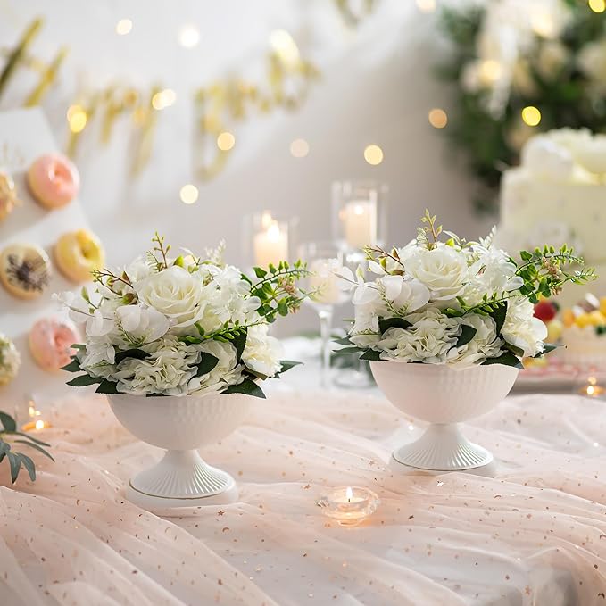 Sziqiqi Urn Vases for Wedding Centrepiece - 6in High White Metal Vase Set of 10 Small Vintage Flower Arrangement Pots for Table Centrepieces Elegant Hammered Vase for Christmas Anniversary Party
