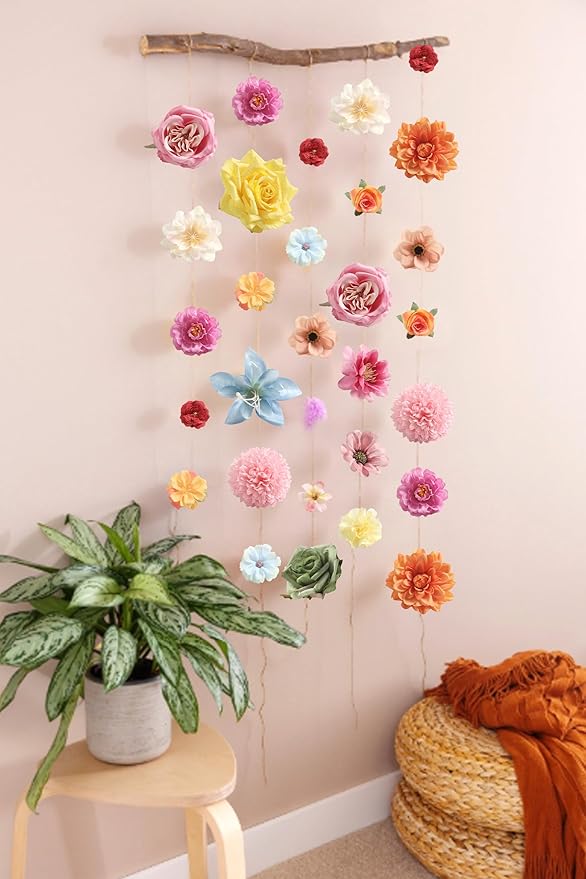 Fake Flower Heads for Crafts - Multi Silk Artificial Roses, Peonies, Daisies & Mini Floral Heads Bulk (48-Pack) for Wedding Decor, Graduation Cap, Cake Topper, Baby Shower, Home Decoration