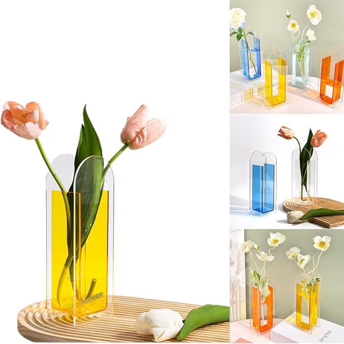 Acrylic Vase for Home Decor, Semi-Transparent Lemon Yellow Arch Vase, Modern Centerpiece Acrylic Flower Vase for Table or Wedding Decoration, Minimalist Home Display Accent (Yellow)