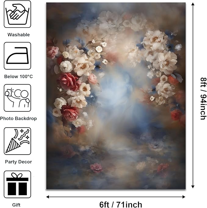 Mocsicka Abstract Floral Backdrop for Photography Retro Blue and Brown Spring Watercolor Painting Floral Background Newborn Baby Shower Princess Girls Portrait Decoration Backdrop (8x6ft)