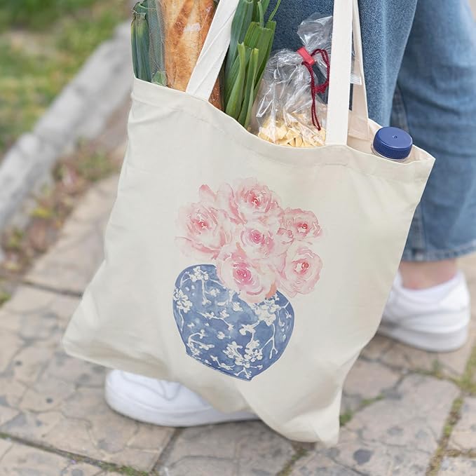 Blue and White Chinoiserie Prints Canvas Tote Bag for Women, Reusable Folding Shopping Bags with Handles