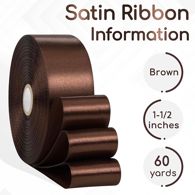 Brown Satin Ribbon 1-1/2 Inch 60 Yards, Solid Polyester Fabric Ribbons for Crafts, Flower Bouquet, Gift Wrapping, Handmade Roses, Wedding Party