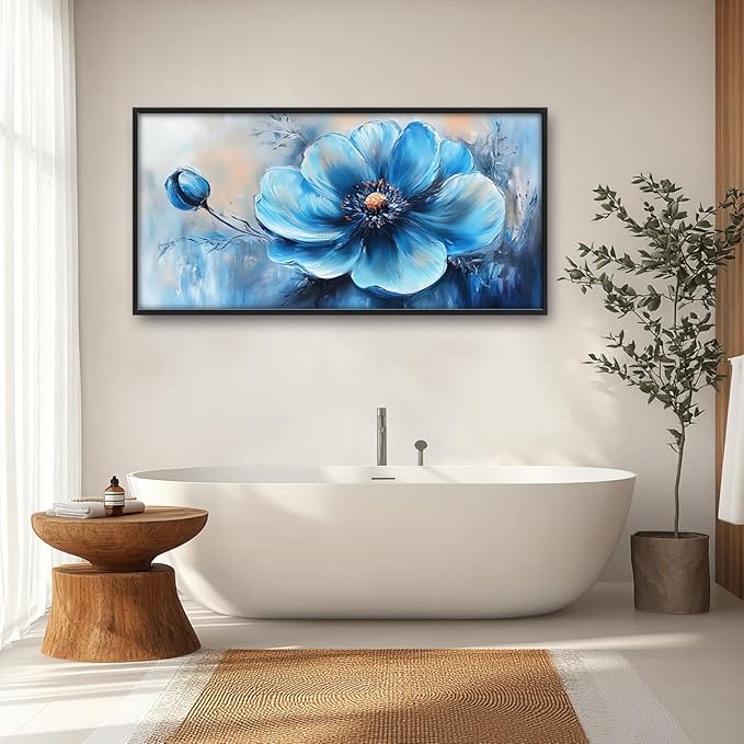 Extra Large Abstract Blue Flower Framed Wall Art for Living Room,Oversized Elegant Floral Pictures Wall Decor,Canvas Print Painting Modern Artwork Bedroom Office Bathroom 60L x 30W