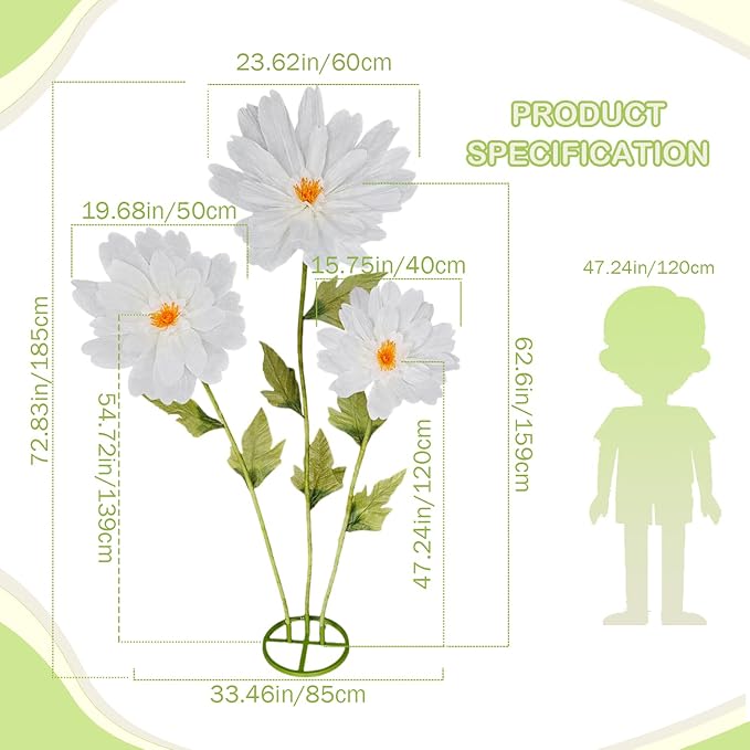 Giant Artificial Daisy Flowers for Decoration - Big Artificial Fake Daisy Large Crepe Paper Flowers for Home Decor Garden Hotel Office Photography Props Wedding Art Gallery Shop Window Display(White)