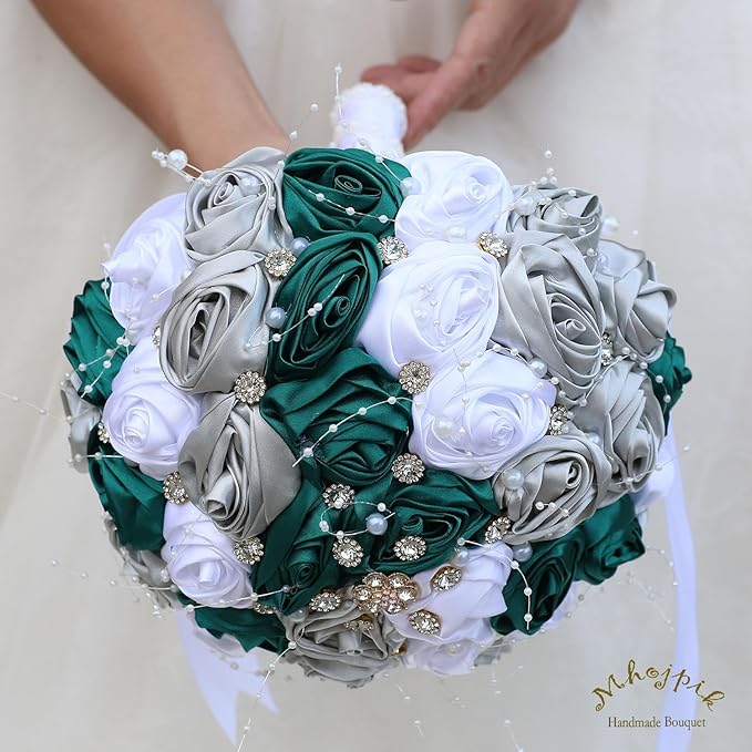 Bridal Wedding Bouquet Round Bling Brooch Bouquet Throw Toss Artificial Rose Flower Bunch for Bride Bridesmaid Wedding Quinceanera(Dark Green, Silver & White, 7.5")