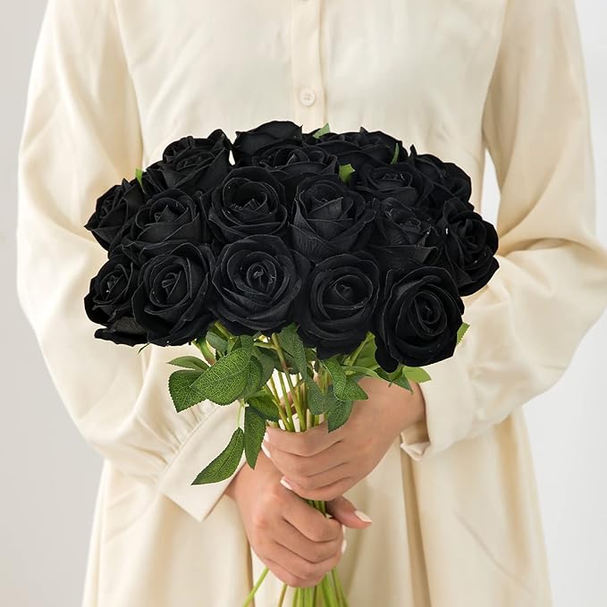 Hawesome Fake Roses Artificial Silk Flowers - 12 Pcs Black Roses Artificial Faux Flowers with Stems for Home Wedding Centerpiece Hotel Office Decor