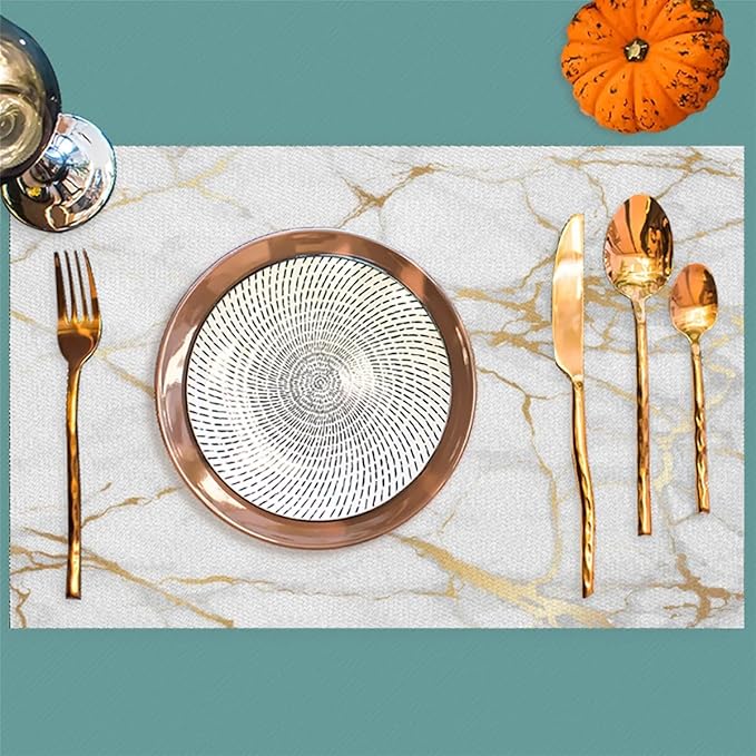 PVC Placemats Set of 1 White Gold Marble Wipeable Table Mats Washable Heat Resistant Non Slip Vinyl Dining Table Mat for Kithen Indoor Outdoor Patio Farmhouse Place Mats Decorative