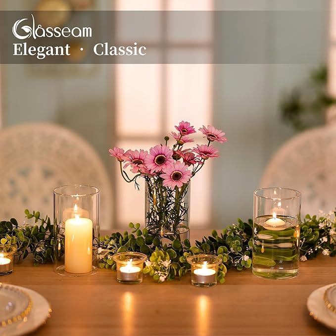 Glasseam Glass Cylinder Vases for Centerpieces, Small Clear Flower Vase Set of 12, Modern Floating Candle Vases Decor, Decorative Hurricane Candle Holders for Wedding Dining Table Decorations, 6in