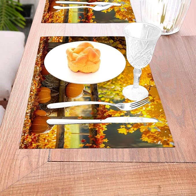 PVC Placemats Set of 6 Wipeable Table Mats Washable Heat Resistant Non Slip Vinyl Dining Table Mat for Kitchen Indoor Outdoor Patio Farmhouse Place Mats Autumn Pumpkin Maple Decorative