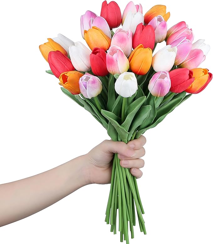 SITUMEIZI Fake Flowers Tulips Artificial Silk Flower 15pcs Real Touch 14" for Spring Easter Home Kitchen Wedding Bouquet Bulk Mother's Gift Day Decorations(Multicolor,5-3)