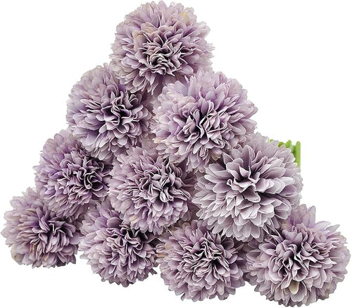 10Pcs Artificial Fake Flower Plants Silk Chrysanthemum Ball Hydrangea Arrangements Wedding Bouquets Decor Home Kitchen Garden Party Table Floral Centerpieces DIY (Grey Purple)