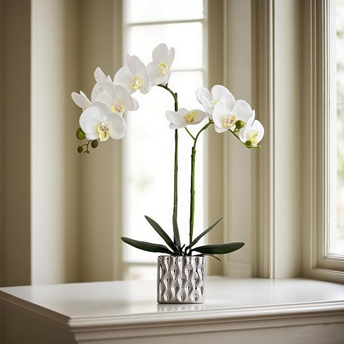 LISU Artificial Orchids, Silver Vases, Home Decoration Flower Arrangements, Fake Flowers in Vases. (C:White)