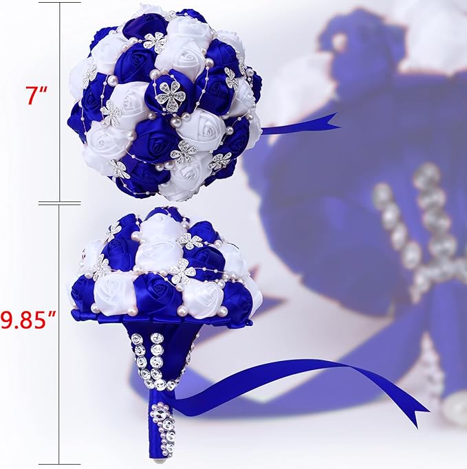 Handmade Wedding Flowers Bridal Bouquets Crystal Bride Holding Bouquet White Ivory Satin Roses with Diamond Pearl Ribbon.(bluewhite)