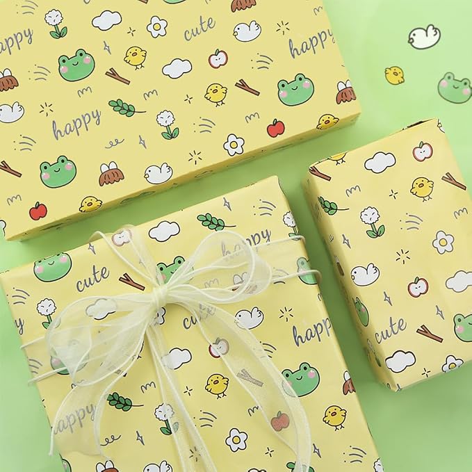 Geluode Frog Wrapping Paper for Kids Boys Girls, 4 Folded Sheets Cute Frogs Chick Daisy Flower Apple Design Yellow Wrapping Paper for Birthday Baby Shower - 20x28 Inches