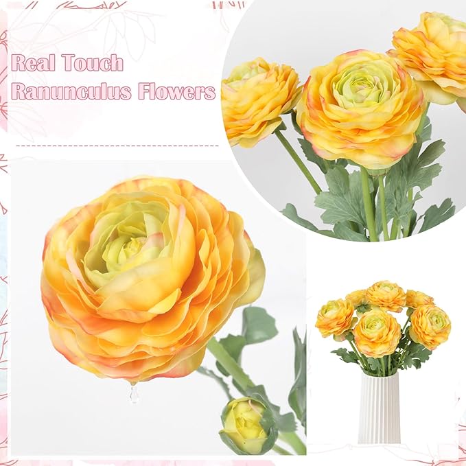 Real Touch Yellow Ranunculus Artificial Flowers 6PCS Artificial Peonies Faux Ranunculus with Stem for DIY Wedding Bouquet Party Table Home Decor(Yellow)