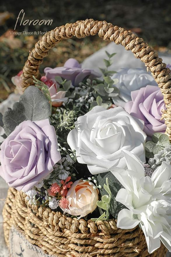 Floroom Artificial Flowers 50pcs Realistic White Foam Fake Roses with Stems for DIY Wedding Bouquets Baby Shower Centerpieces Floral Arrangements Party Tables Home Decorations