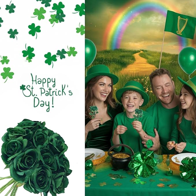 Felice Arts 12 Pack Green Artificial Roses Emerald Green Flowers with Stems Silk Roses Fake Flowers Bouquet for Christmas St Patricks Day Wedding Centerpiece Table Vase Home Kitchen Party DIY Decor