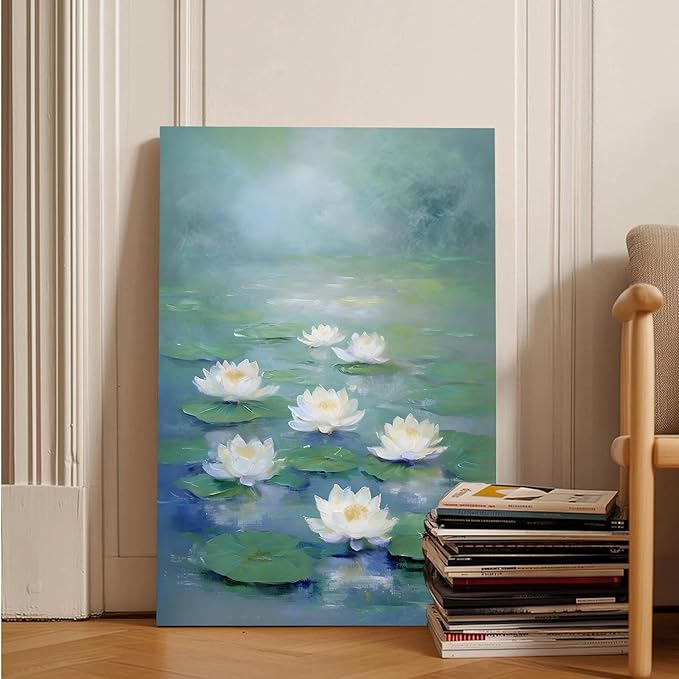 Zen wall art Delicate white lotus flower floating on calm water Vintage oil painting print Serene aquatic wall art creates a tranquil home decor 28x40in Frameless
