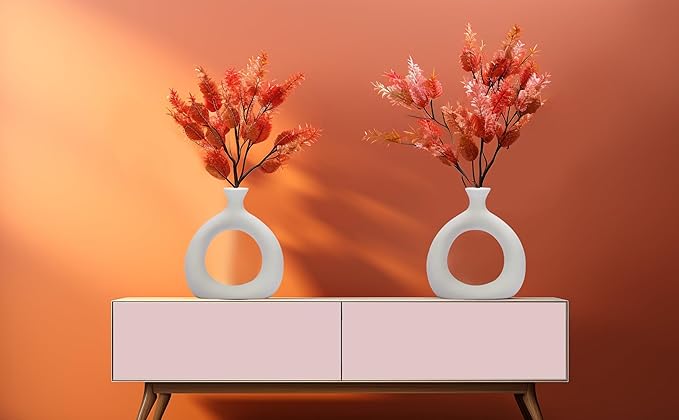 Ajuny Donut Vase Set of 2 – White Ceramic Modern Vases for Flowers, Pampas Grass, Centerpieces | Boho Table Decor for Living Room, Wedding, Kitchen, TV Stand, Office, Shelf, Mantle