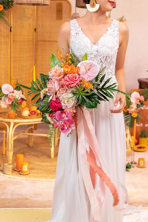 TINGE TIME 13 Inch Summer Wedding Bouquets for Bride, Bridal Bouquet for Bride, Artificial Silk Orchid for Graduation Bouquet, Fake Flowers for Wedding Ceremony and Anniversary (Tropical)
