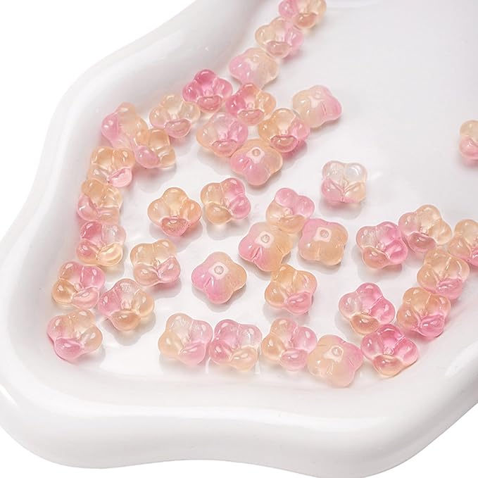 100PCS Glass Flower Beads for Jewelry Making 4 Petal Flower Bead Caps Gradient Cute Floral Beads Aesthetic Charms for Necklace Bracelets Earrings DIY Craft Home Decoration-Pink Yellow
