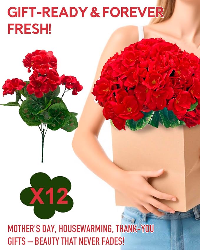 12 Bundles Geranium Christmas Artificial Flowers for Outdoors - UV Resistant Fake Flowers Outside for Planter Hanging Basket, Realistic Silk Faux Plants for Home Porch Garden Patio Décorations