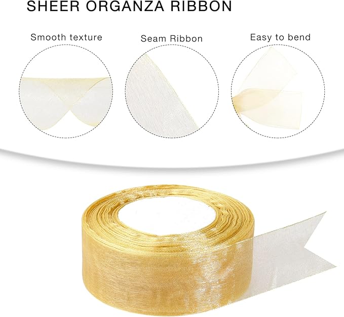 1.5 inch Sheer Organza Ribbon Gold Chiffon Ribbon for Gift Wrapping Christmas Halloween Decoration Wedding Bouquet Crafts 50 Yards