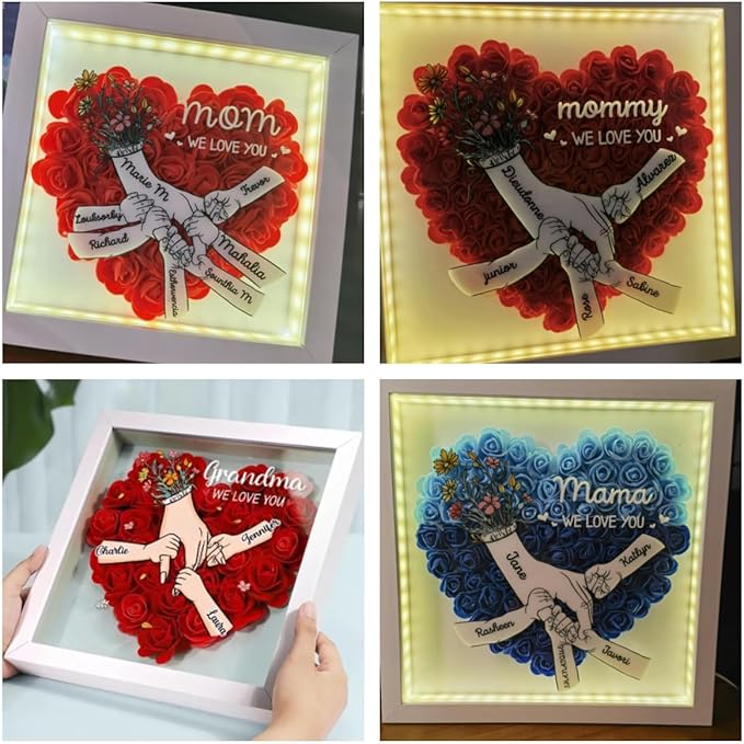 Personalized Mom Flower Shadow Box With LED Light Holding Hand Flower Shadow Box Light Up Frame With Kid's Name Mothers Day Gifts for MOM Grandma Family Birthday (Hand In Hand)