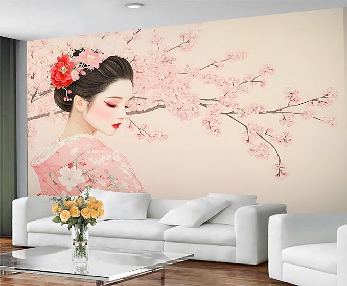 Japanese Cherry Blossom Wall Mural, Kimono Woman Geisha 3D Wall Murals, Oriental Beauty Wallpaper Mural, for Living Room Bedroom Large Wallpaper Indoor Decor 118" W x 82.6 "H