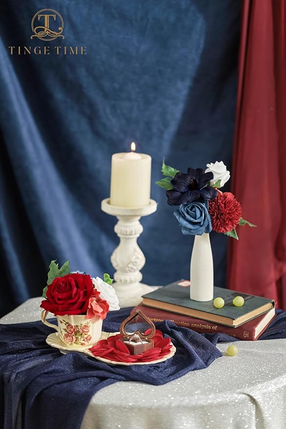 TINGE TIME Artificial Flowers Combo Mix Silk Flowers Navy Blue Roses w/stem for DIY Wedding Bridal Bouquets Baby Shower Floral Arrangement Table Centerpieces Home Decorations (Red & Navy Blue & White)