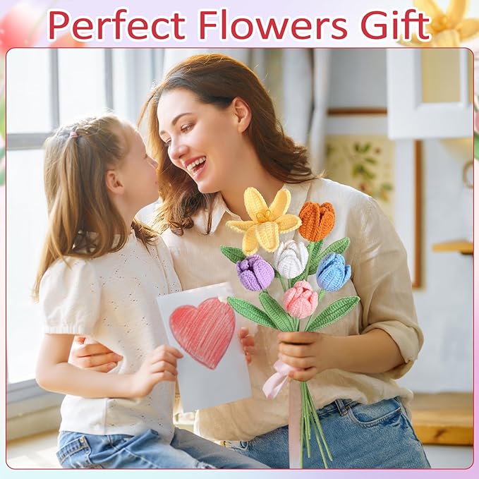 Dremisland Crochet Flowers 6PCS Crochet Tulips Finished Handmade Knitted Flowers Crocheted Bouquets Pastel Floral Gift for Mothers Girls Friends Teacher Gifts for Women,Graduation Flower Home Decor