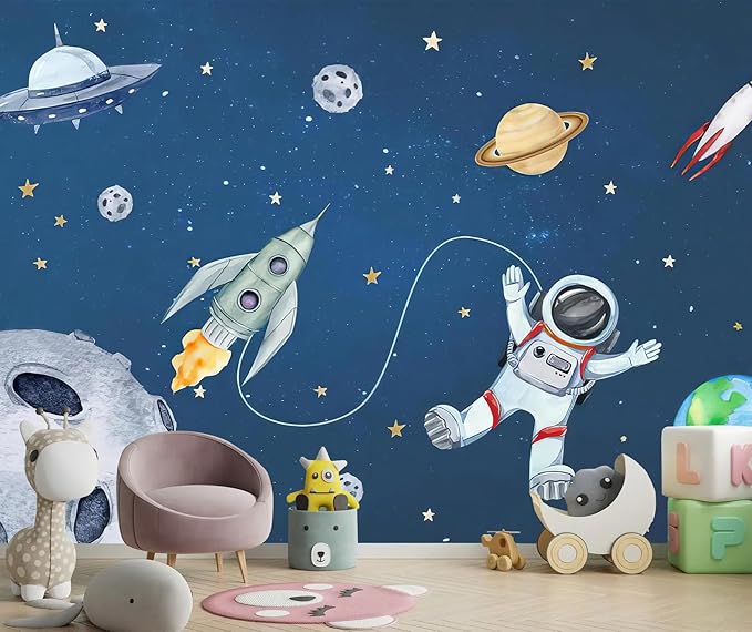 PYFFYP- Space Wallpaper Cartoon Planet Wallpaper murals for Nursery Kids Bedroom(Not Peel and Stick)