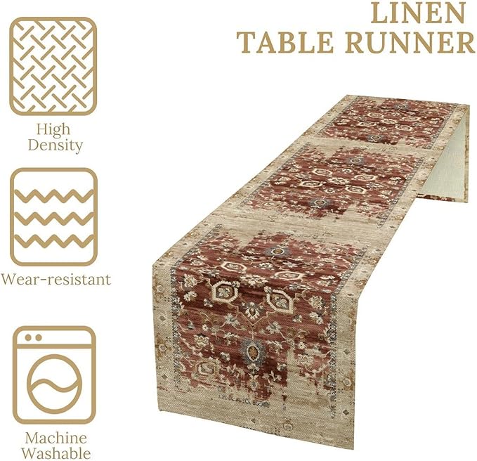 Vintage Persian Table Runner, Boho Ornate Medallion Rust Flower Oriental Style Table Runner for Kitchen Dining Indoor Outdoor Home Party Decor, 13x108 Inch
