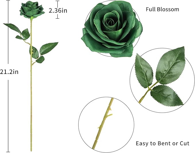 DuHouse 10pcs Fake Roses Artificial Silk Flowers Faux Rose Flower Long Stems Bouquet for Arrangement Wedding Centerpiece Party Home Kitchen Decor (Dark Green)