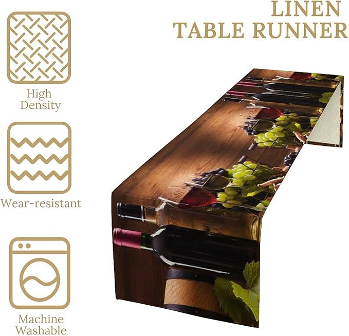 Red White Wine Table Runner Wine Glasses Grape Vintage Wooden Board Dinner Runner for Farmhouse Cabin Home Kitchen Dining Holiday Wedding Party Decor 13x120in