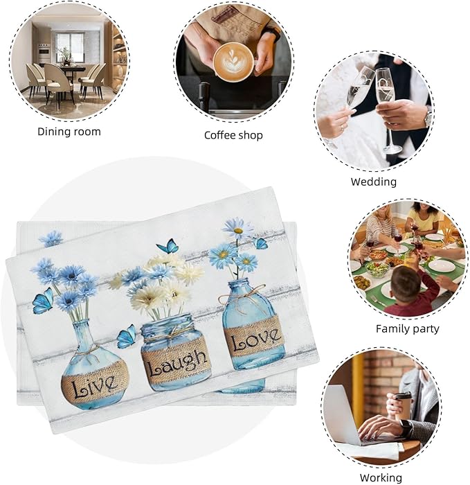 Daisy Flower Placemats Set of 6 Farmhouse Blue White Daisy Floral Table Mats Washable Place mats for Home Party Indoor Kitchen Dining Table Decoration 12x18 Inch