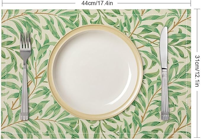 William Morris Vintage Botanical Placemats Set of 4, Retro Leaves Boho Plant Place Mats, Heat Resistant Non Slip Cotton Linen Dining Table Mats for Home Kitchen Party 18x12 Inch