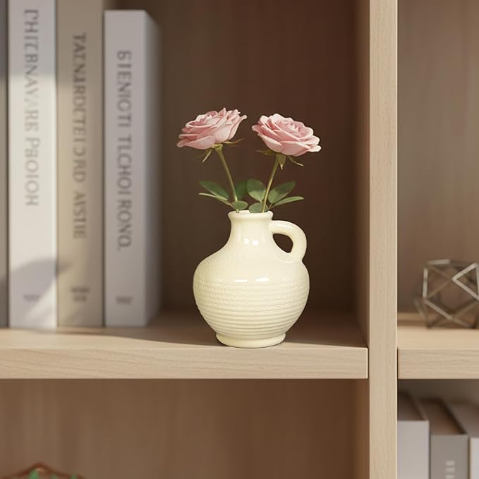 Sunddo White Ceramic Vase 6 Inch - Small Modern Flower Vase for Home Decor, Decorative Vases with Handle, Boho & Minimalist, Living Room Cabinet Table Centerpieces Wedding Beige