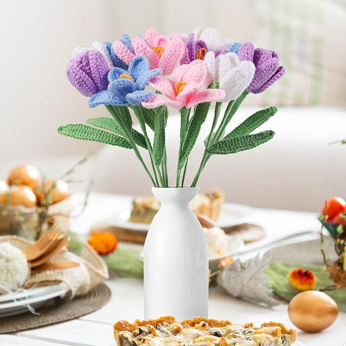 YOUNGJOY Crochet Rose 12 Pcs Handmade Knitted Flowers Tulip Sunflower Daisy Heart Artificial Knitted Floral Mother Day Graduation Home Decor(Tulip A)