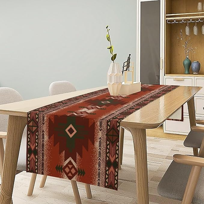 Aztec Table Runner Southwestern Ethnic Style Geometric Navajo Tribe Abstract Pattern Vintage Rustic Table Dinner Table Runner 13x60 Inch