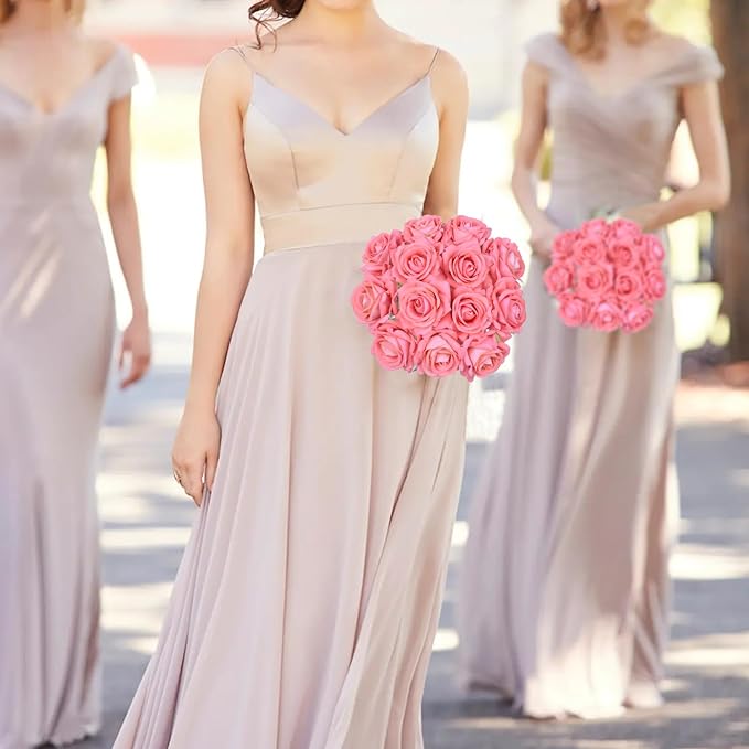 Pink Roses Artificial Flowers 16pcs Velvet Artificial Roses with Stems 3.15" Pink Fake Roses for Bridal Bouquet Wedding Flowers for Floral Centerpieces Home Party Decor (Pink)