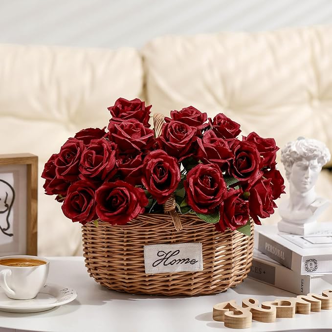 Jexine 60 PCS Artificial Roses Bulk Silk Flowers with Long Stems, Realistic Faux Rose Bouquet for Wedding Centerpieces, Valentine’s Party, Home Decor(Burgundy)